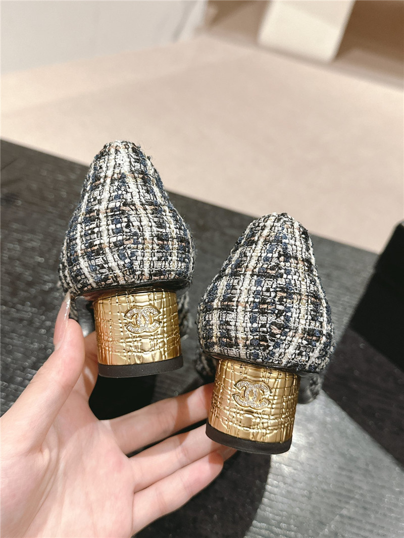 Ch**el black/white mary janes check tweed & calfskin