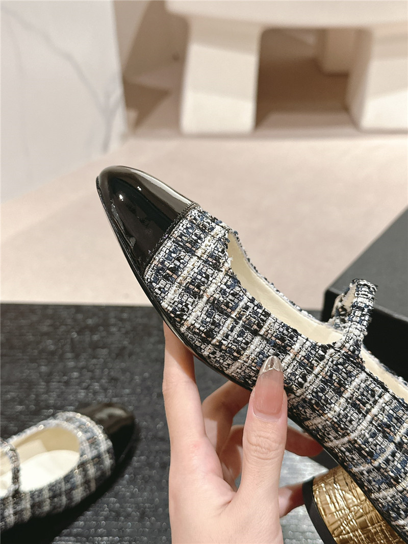 Ch**el black/white mary janes check tweed & calfskin