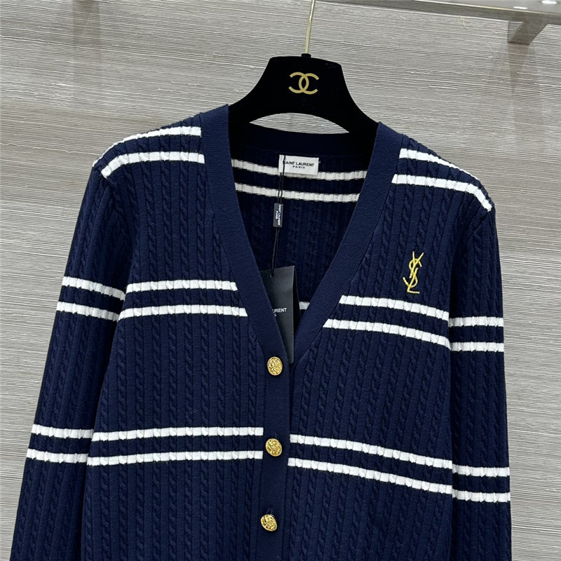 Y51 logo stripe cable knit cardigan in navy