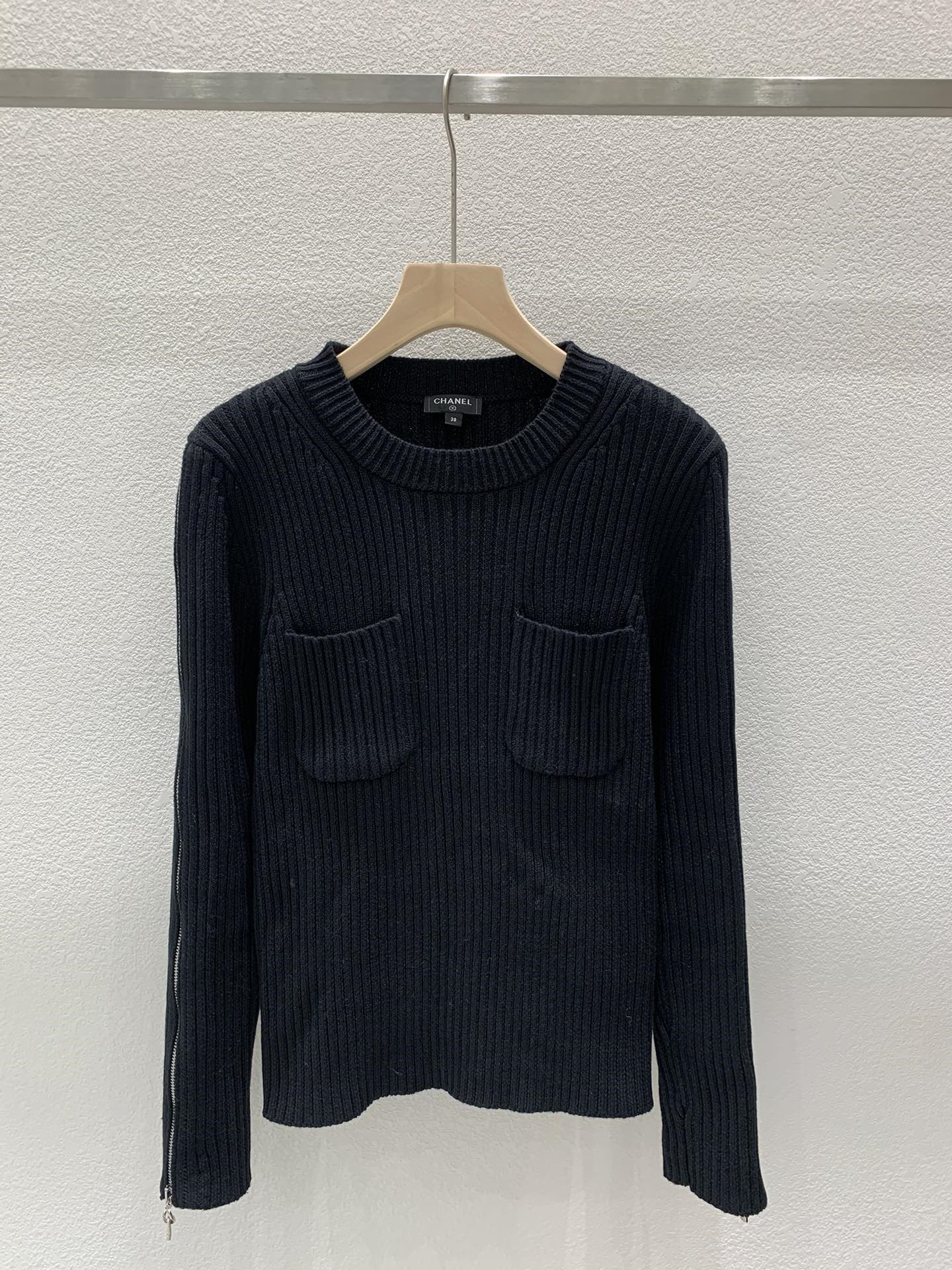 Ch**el zipper trim rib-knit sweater black
