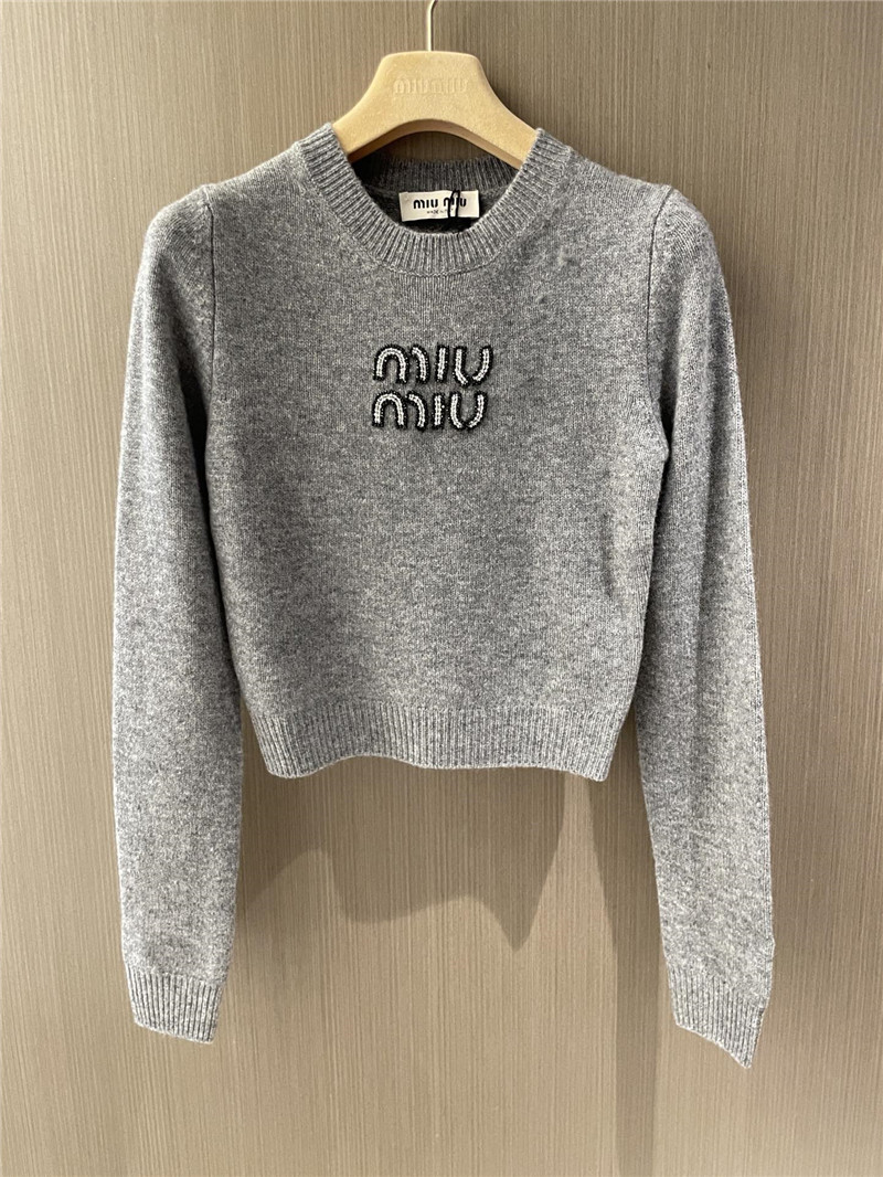 Miu Miu Cropped Sweater with Rhinestones Grey