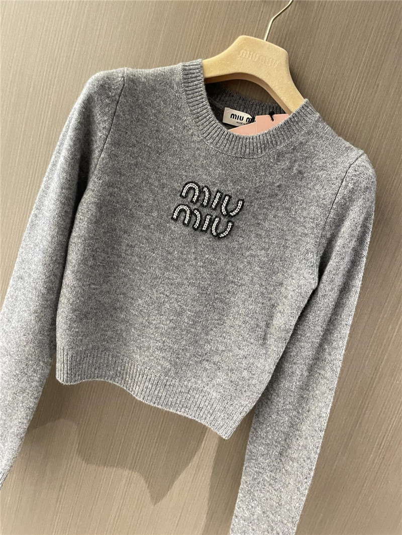 Miu Miu Cropped Sweater with Rhinestones Grey