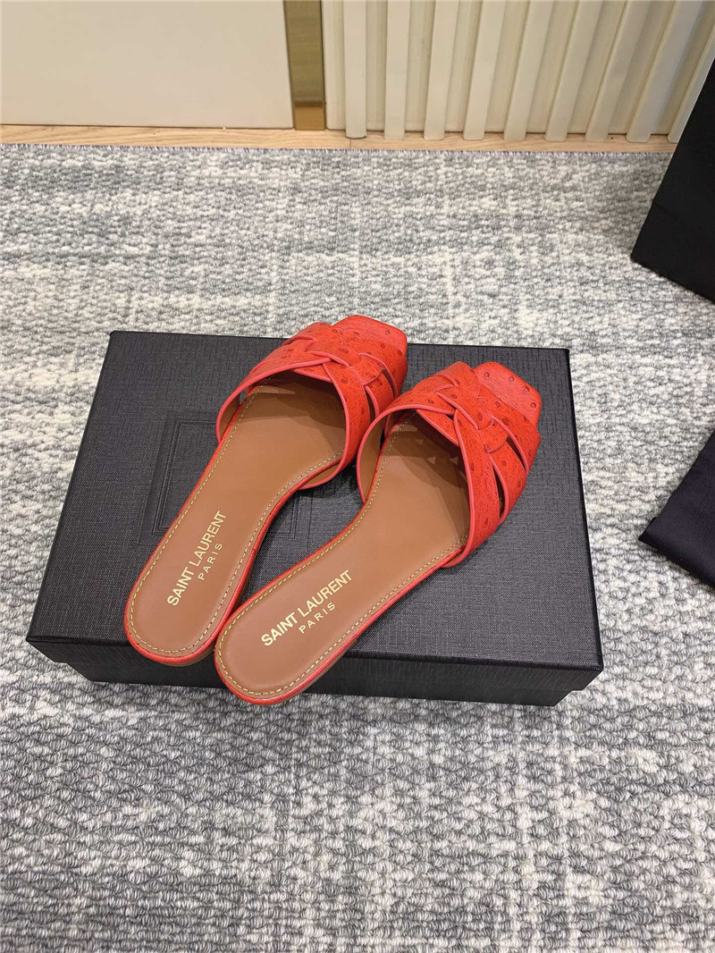 Y51 tribute mules in red ostrich leather