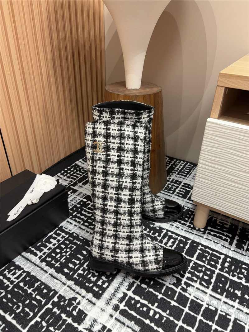 Ch**el tweed black white check high boots