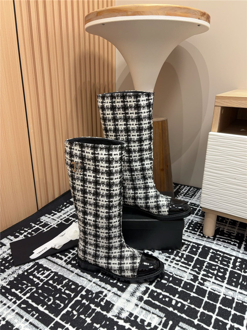 Ch**el tweed black white check high boots