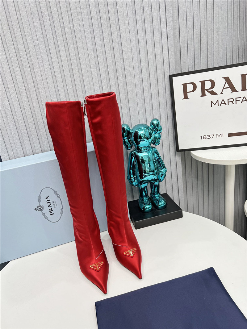 Pra*a red satin knee high heel boots