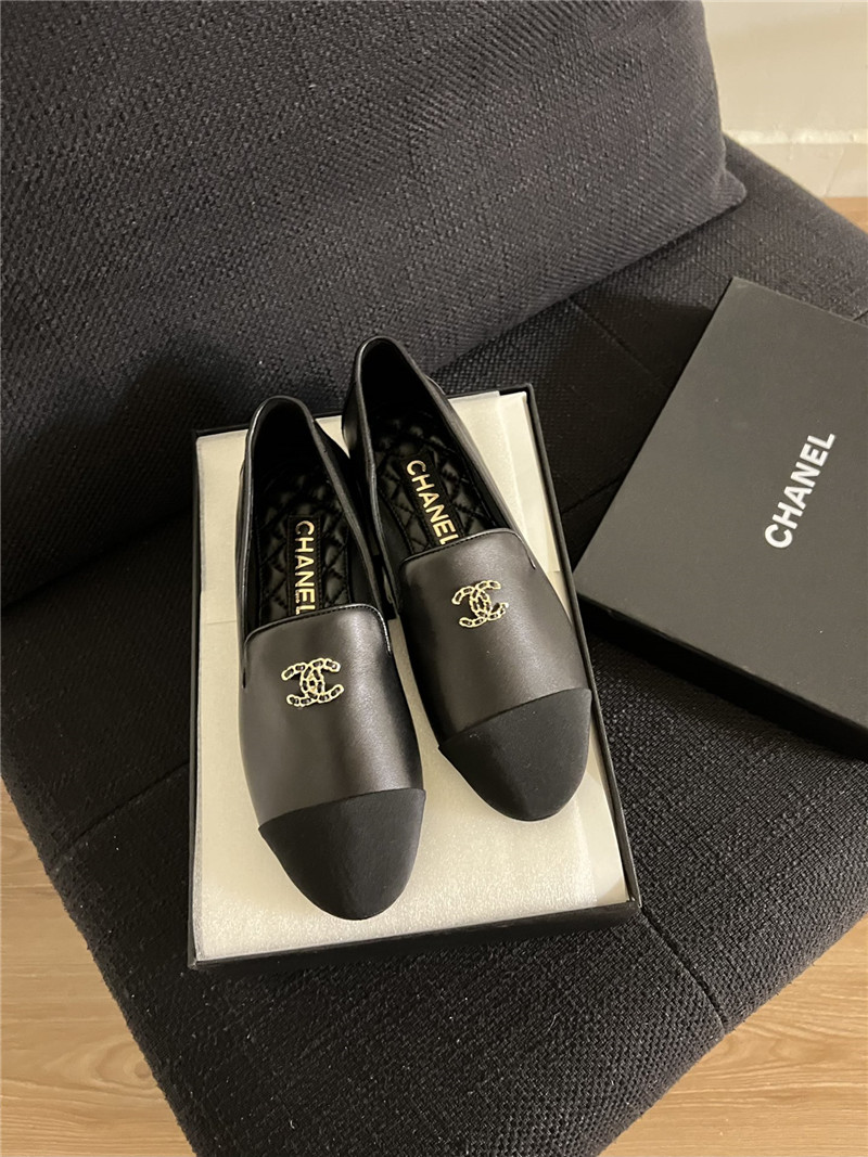 Ch**el cap-toe black satin moccasin loafers