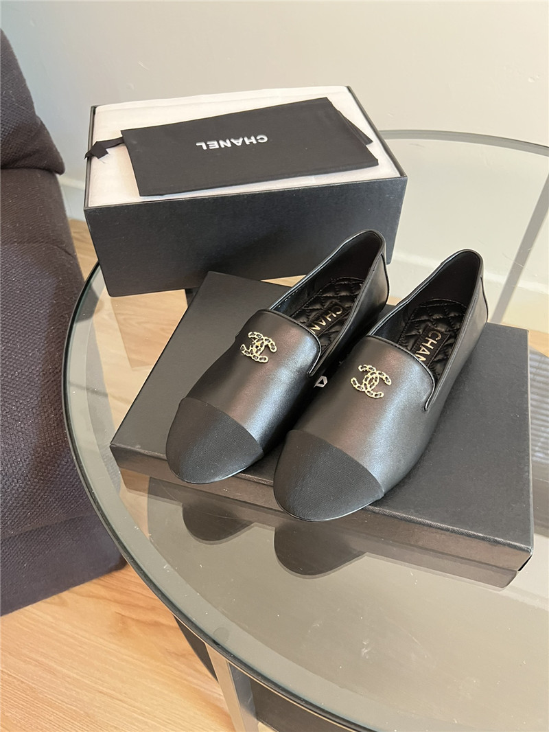 Ch**el cap-toe black satin moccasin loafers