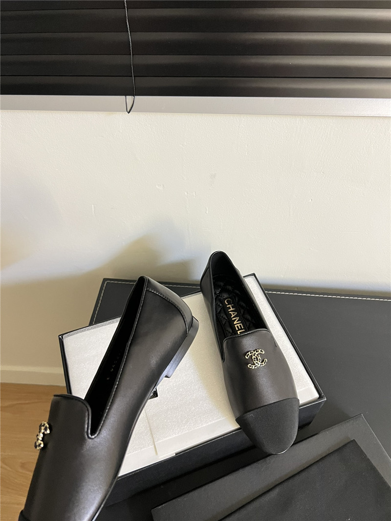 Ch**el cap-toe black satin moccasin loafers