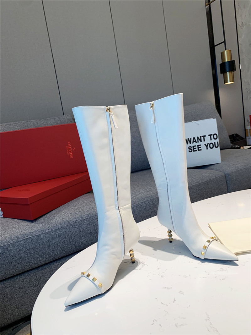 Va1e*ntin0 studded heeled white calfskin knee-high boots