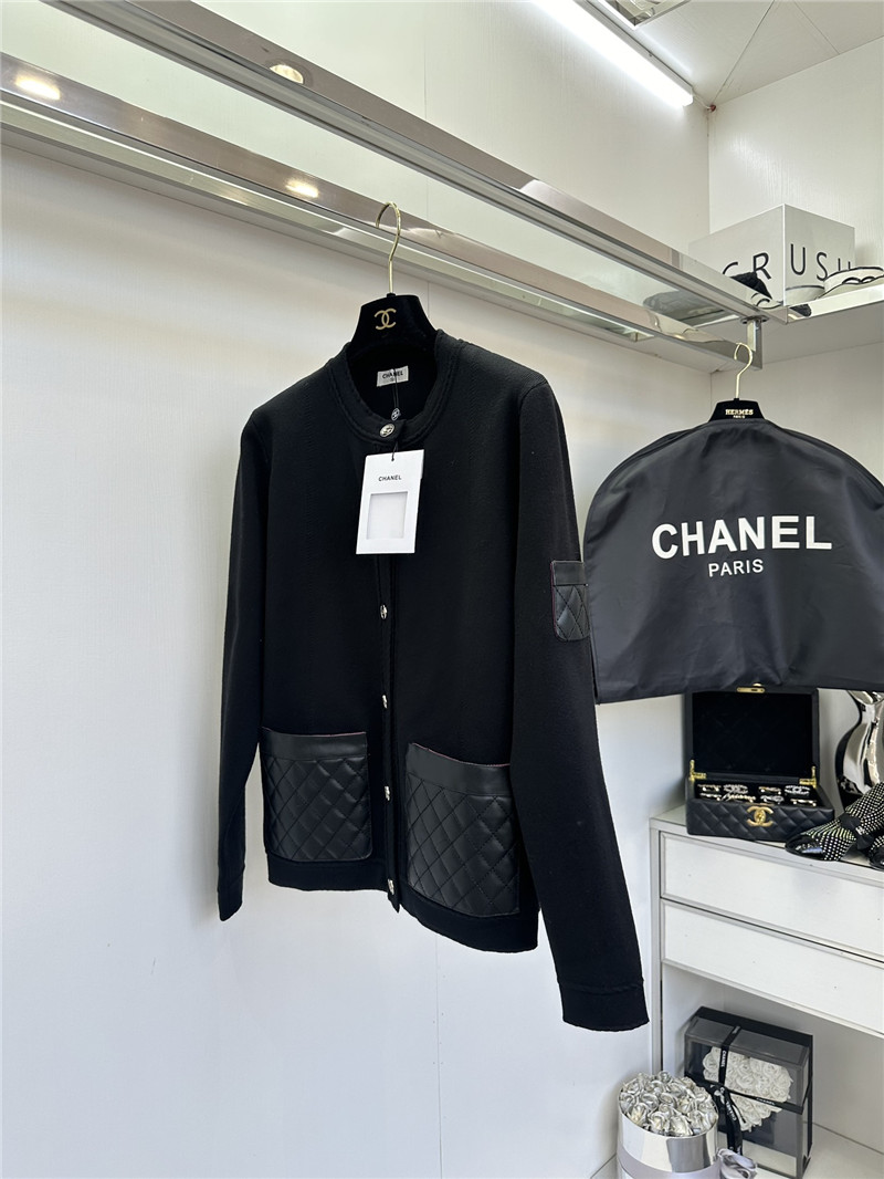 Ch**el white crewneck cardigan with leather pocket