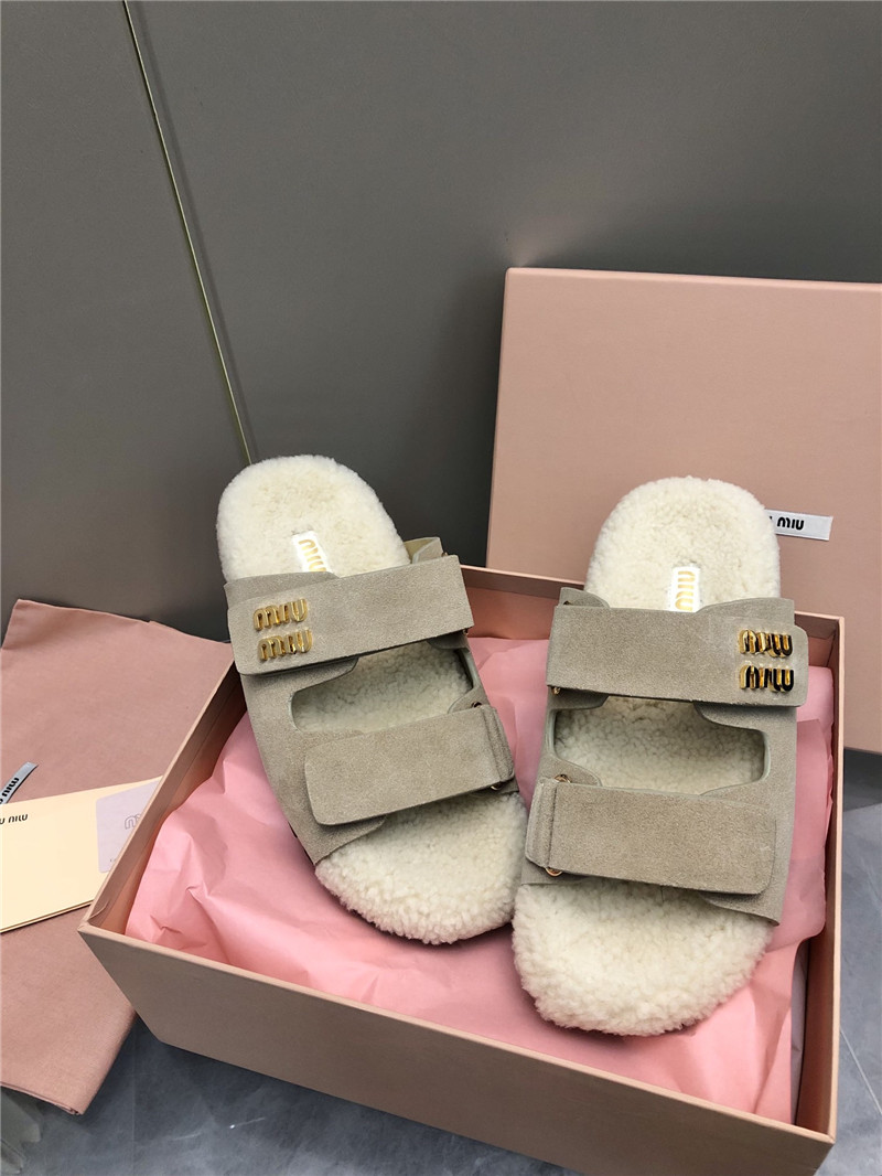 Miu Miu White Suede Shearling Slide Sandals