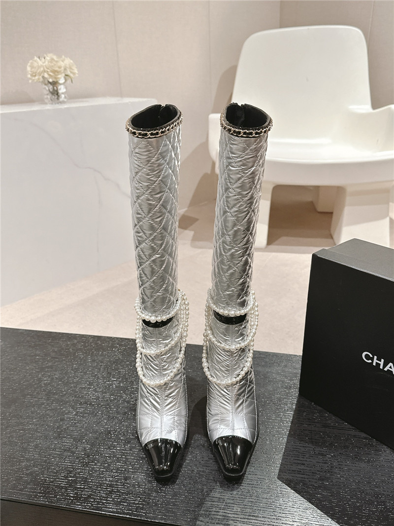 Ch**el silver leather pearl high boots