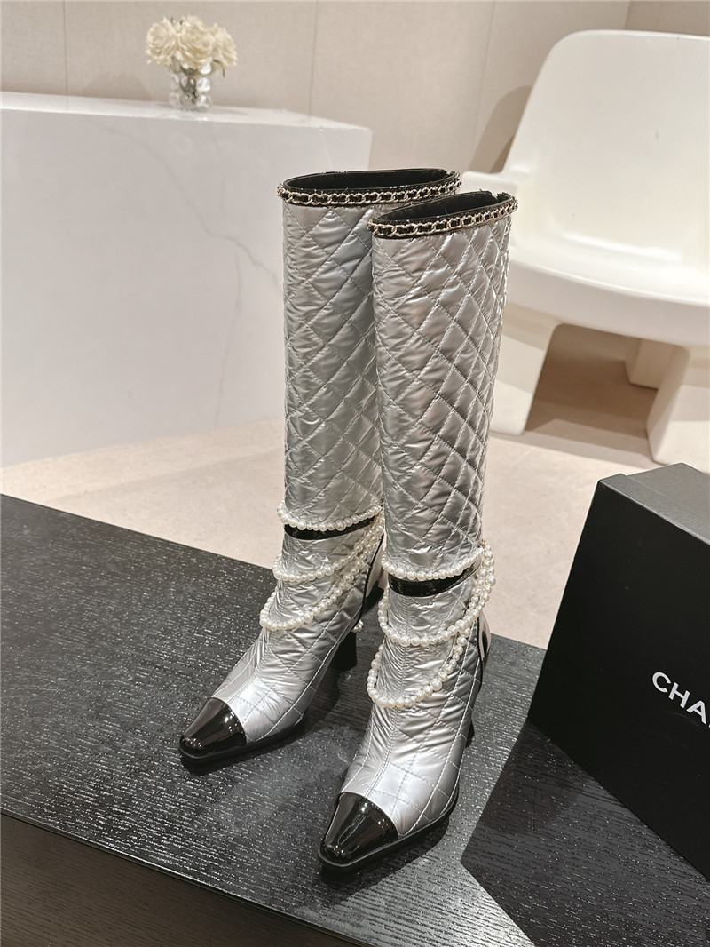 Ch**el silver leather pearl high boots