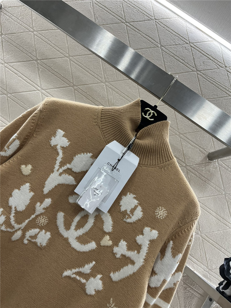 Ch**el floral turtleneck knit sweater beige