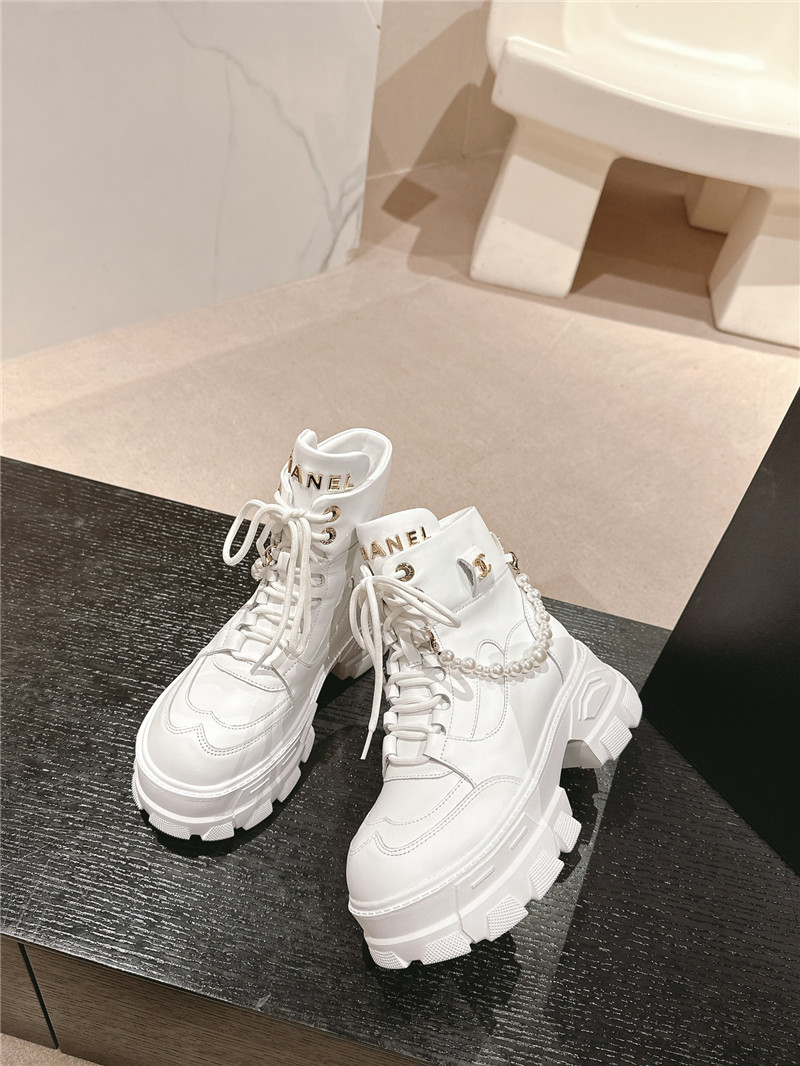 Ch**el white calfskin lace-up platform ankle boots