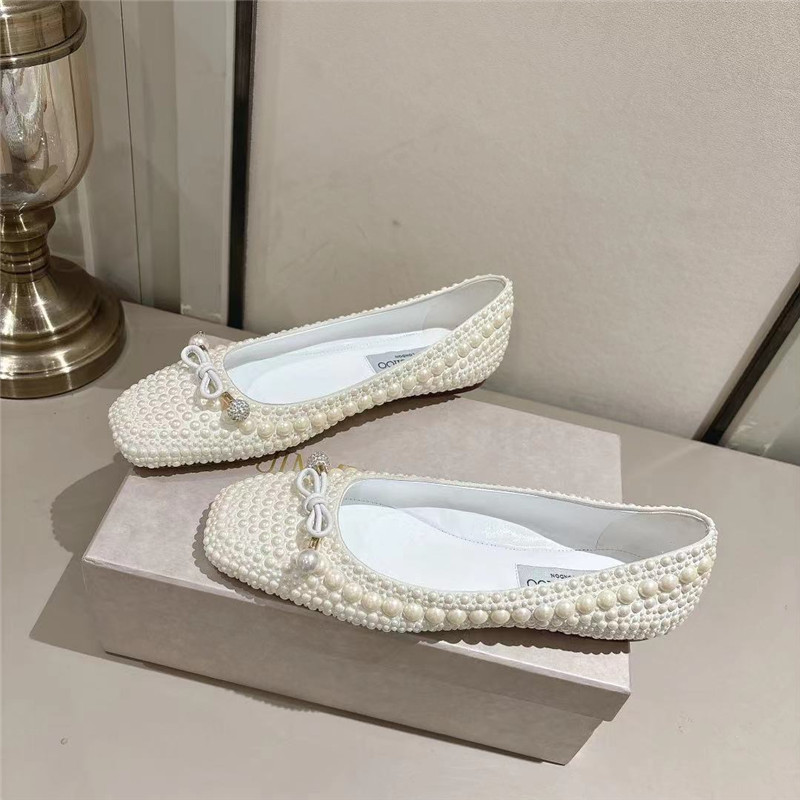J1m*y Ch00 elme white satin pearl flats