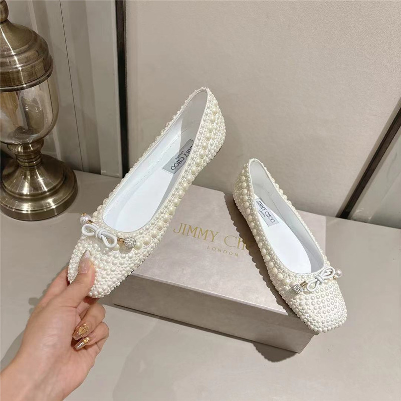 J1m*y Ch00 elme white satin pearl flats