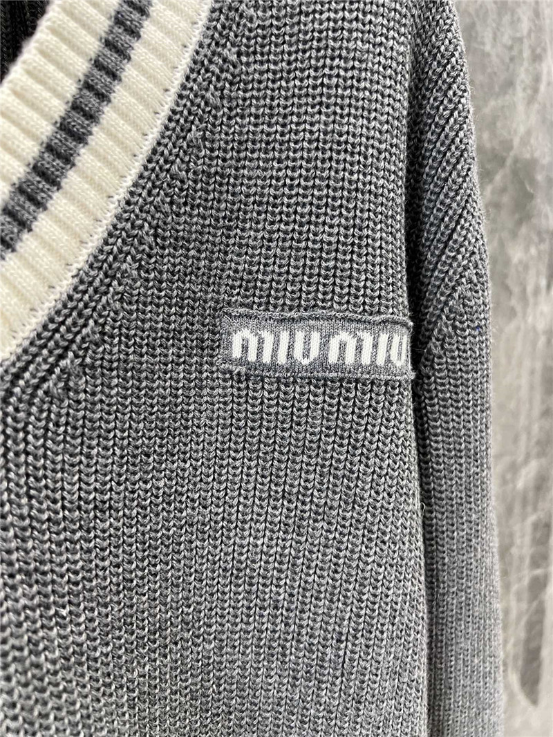 Miu Miu Stripe V-Neck Wool Sweater in Grey