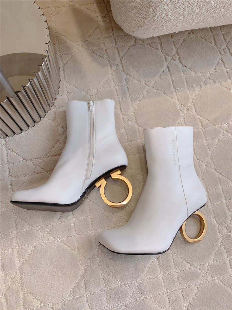Ferragamo Elina White Calfskin Ankle Boots