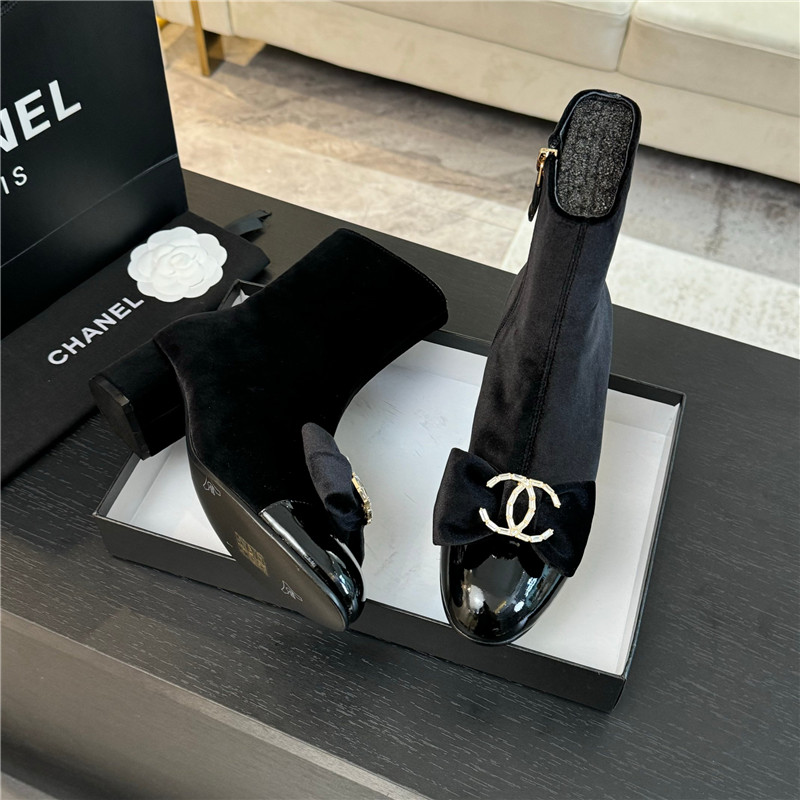 Ch**el black velvet bow ankle boots