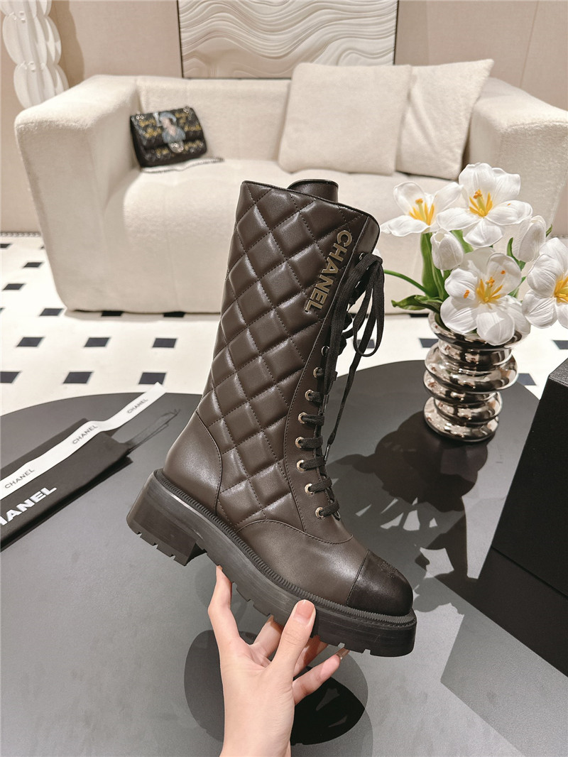 Ch**el brown check lace up platform high boots