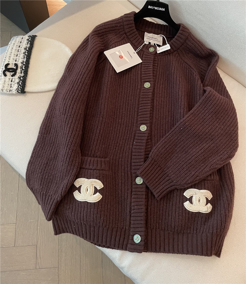 Ch**el pocket rib wool cardigan brown