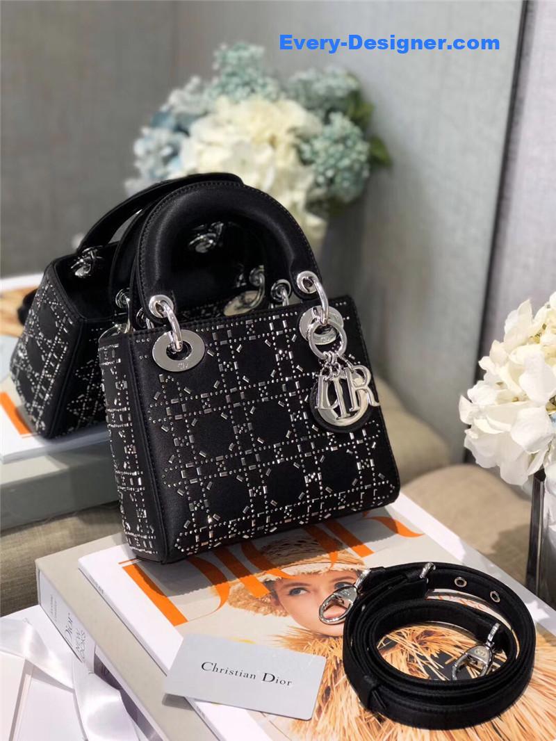 mini lady D10r bag black strass cannage satin