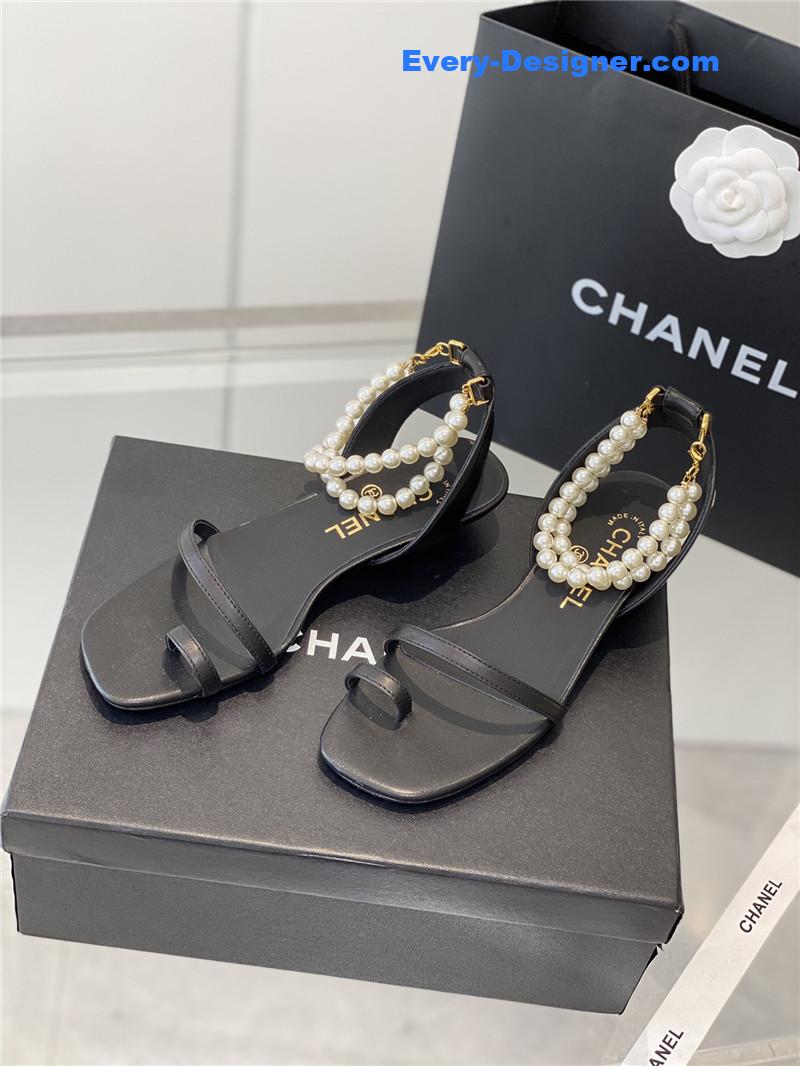 Ch**el black pearl ankle strap flat sandals