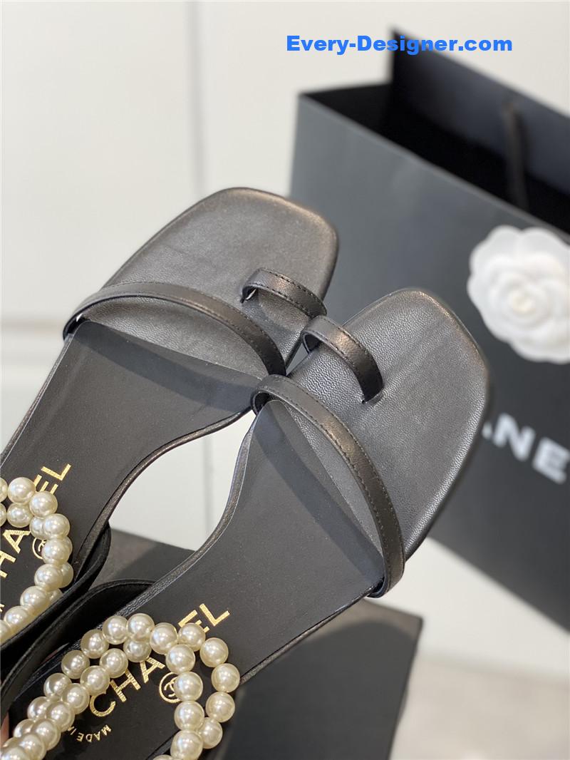 Ch**el black pearl ankle strap flat sandals