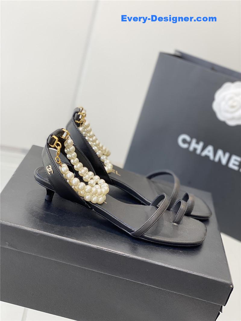 Ch**el black pearl ankle strap flat sandals