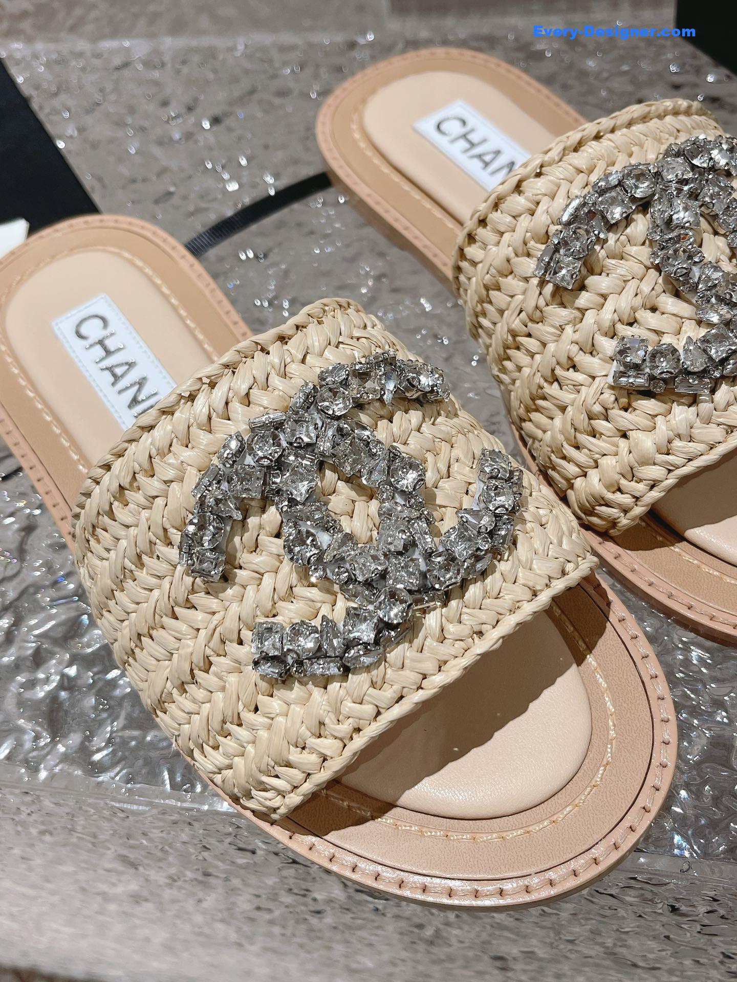 CC rhinestone woven slippers
