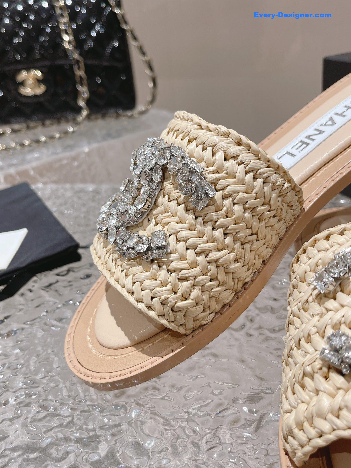 CC rhinestone woven slippers