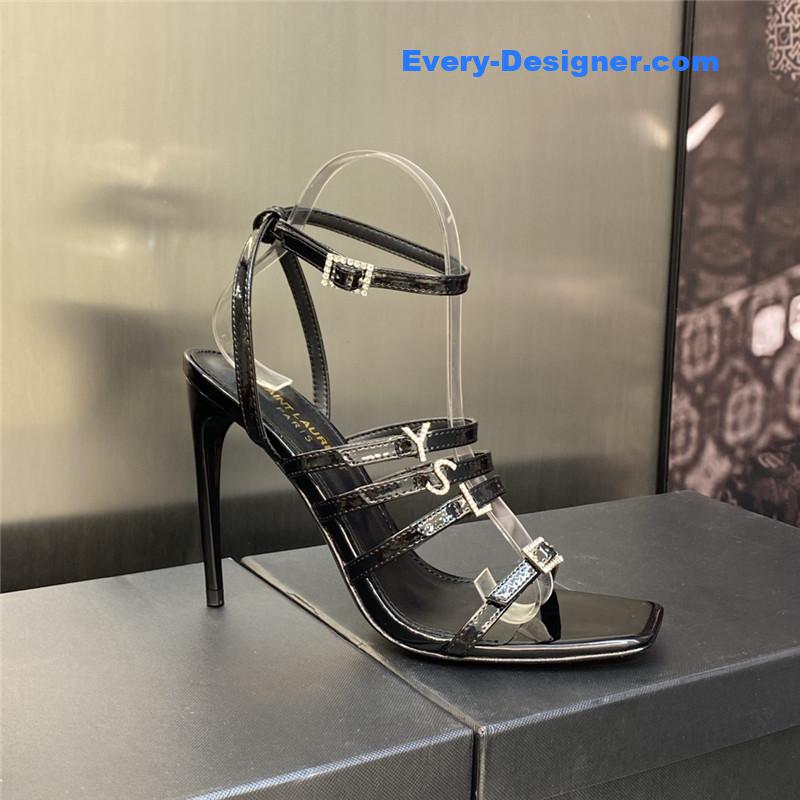 Y51 letter logo rhinestone buckle high heel sandals