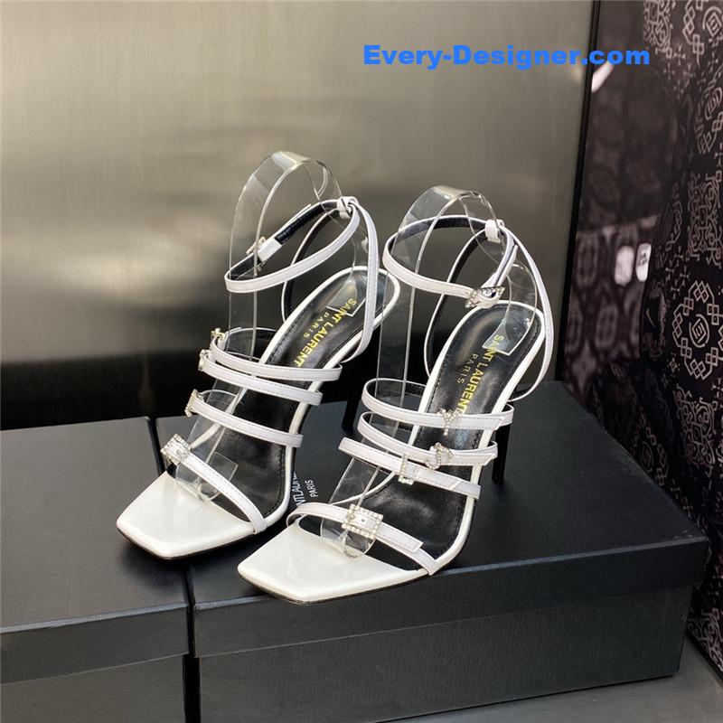 Y51 letter logo rhinestone buckle high heel sandals