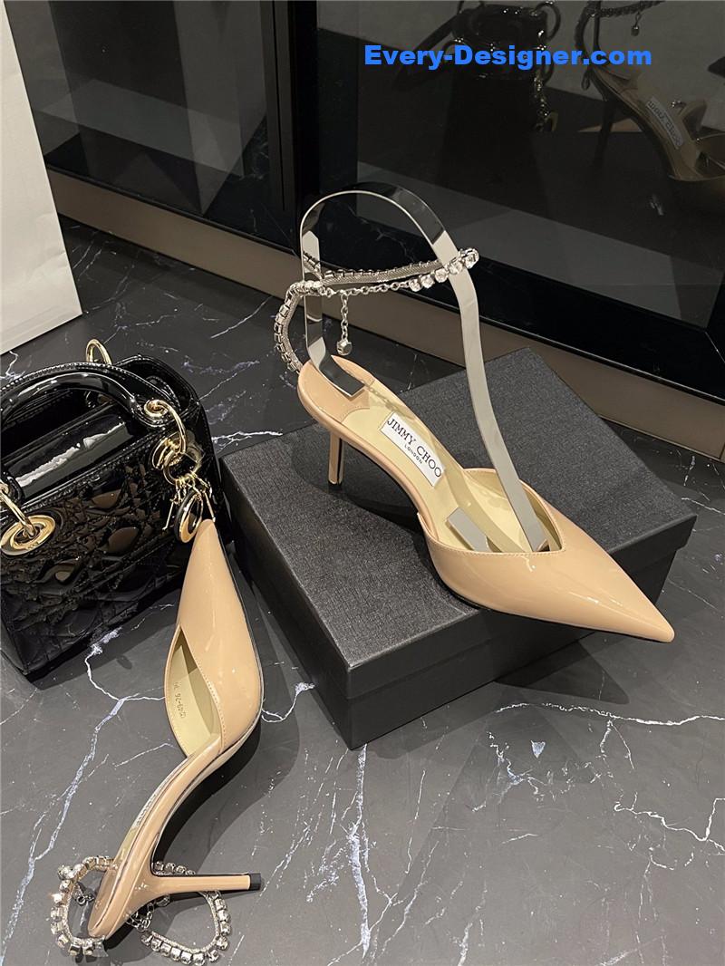 J1m*y Ch00 patent-leather crystal chain pumps
