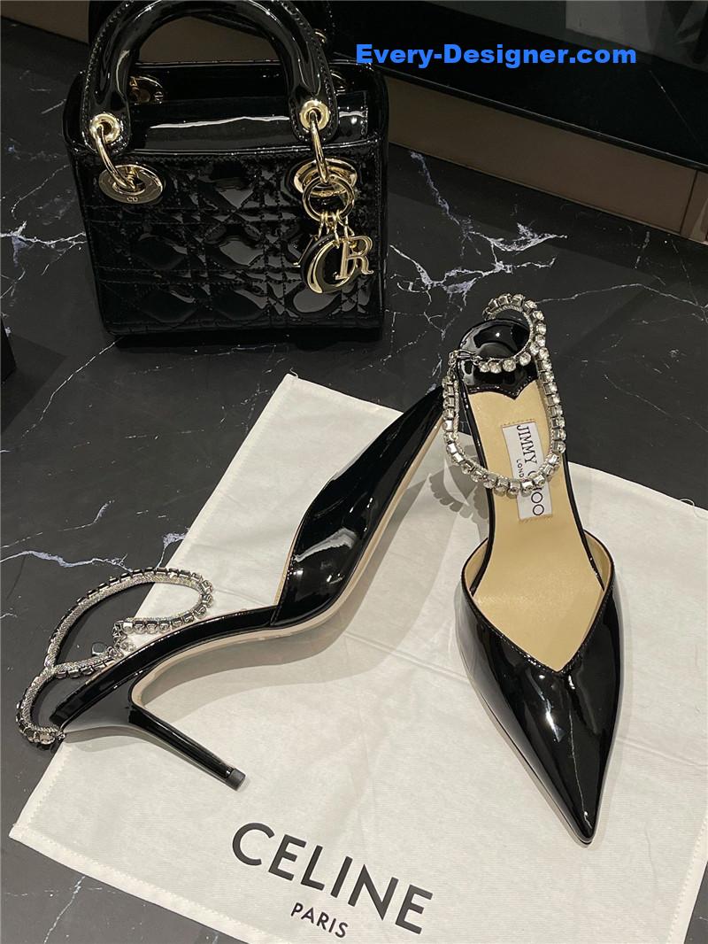 J1m*y Ch00 patent-leather crystal chain pumps