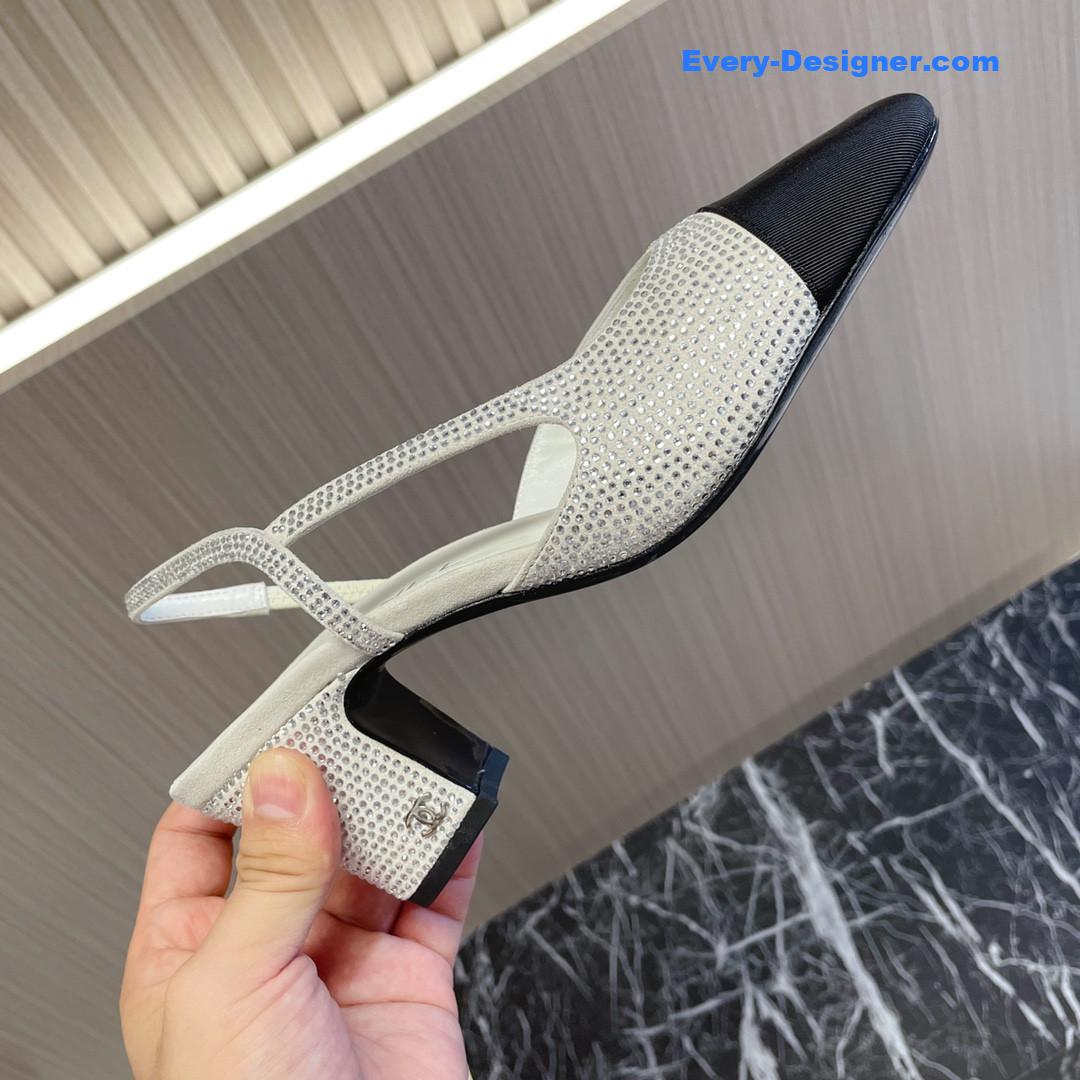 CC rhinestone thick heel side empty sandals