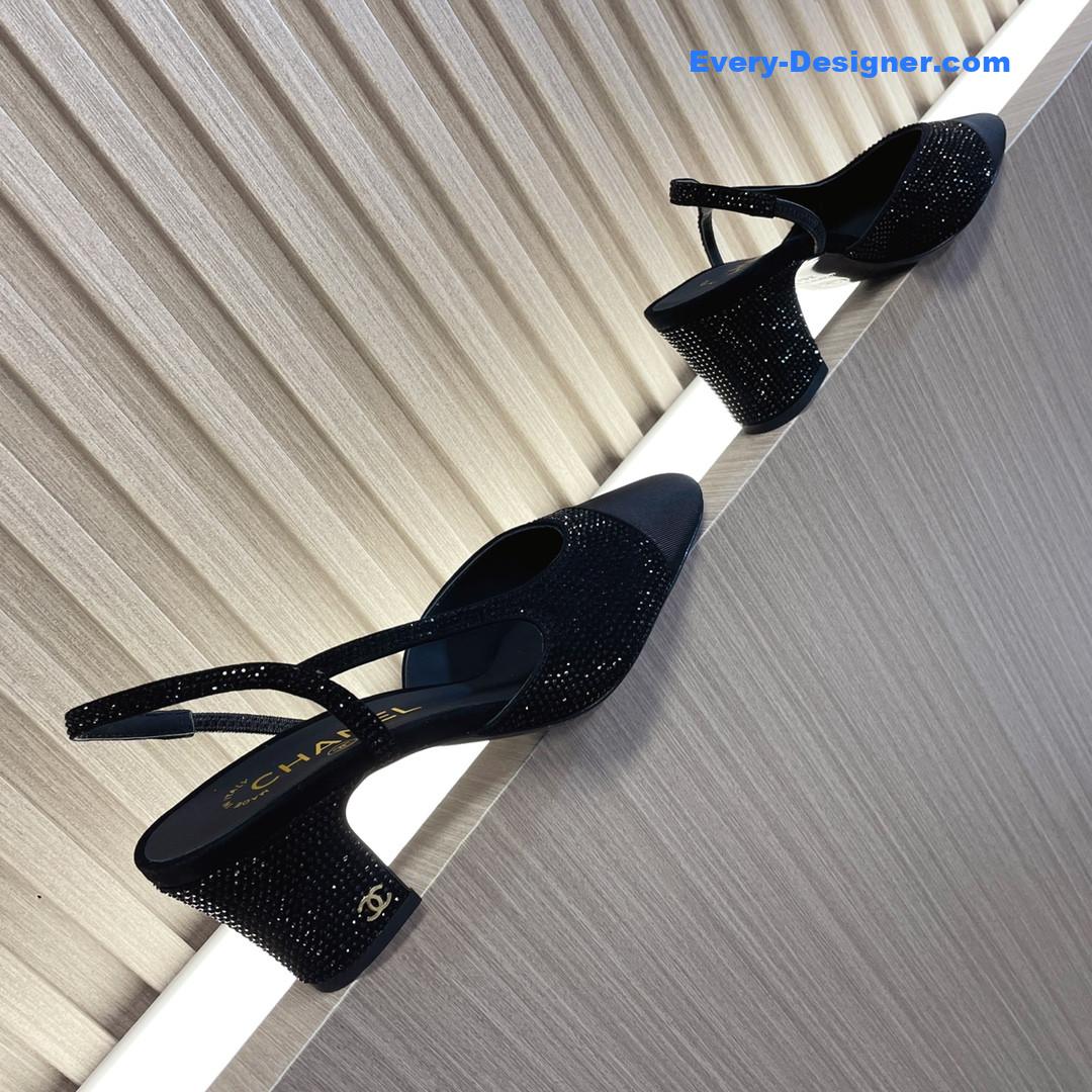 CC rhinestone thick heel side empty sandals