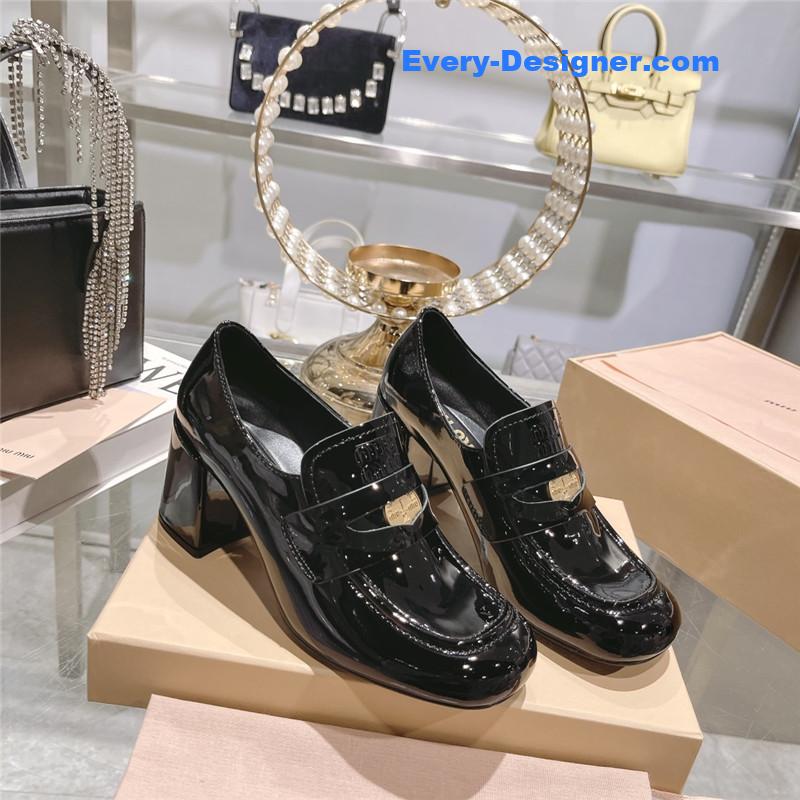 M1um1u gold coin loafer patent leather high heels