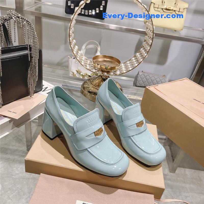 M1um1u gold coin loafer patent leather high heels