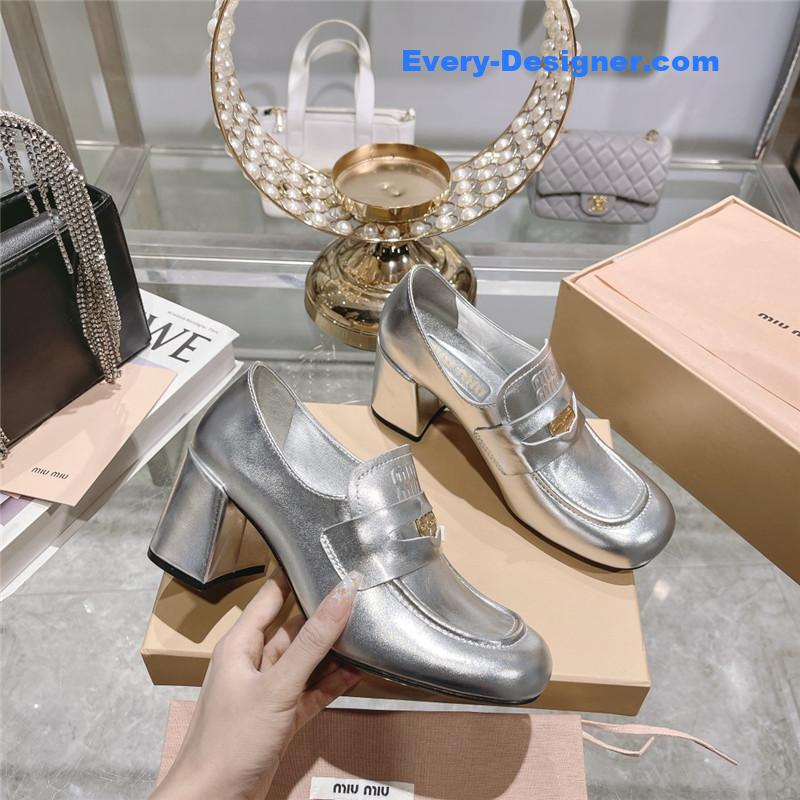 M1um1u gold coin loafer patent leather high heels