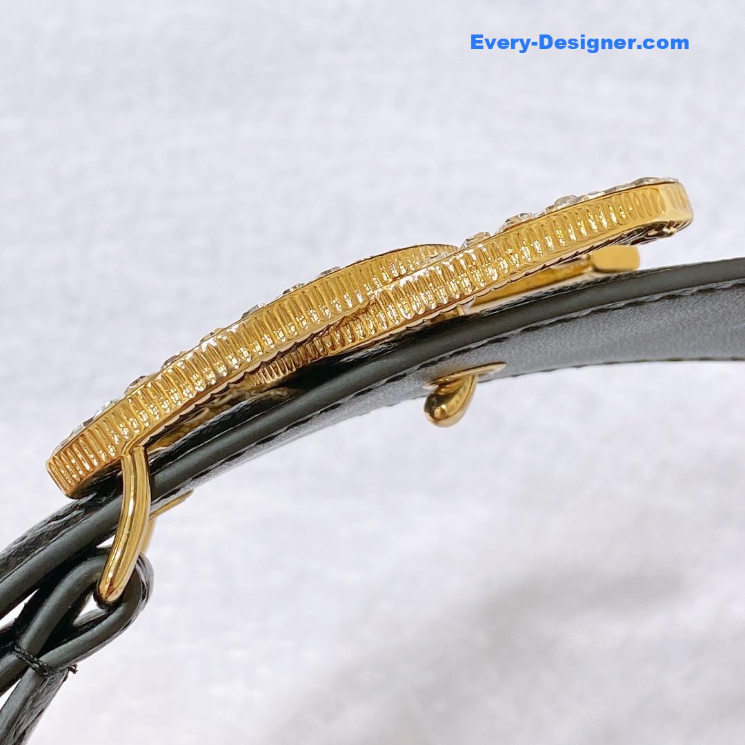 Ch**el rhinestone golden brass metal logo buckle calfskin belt