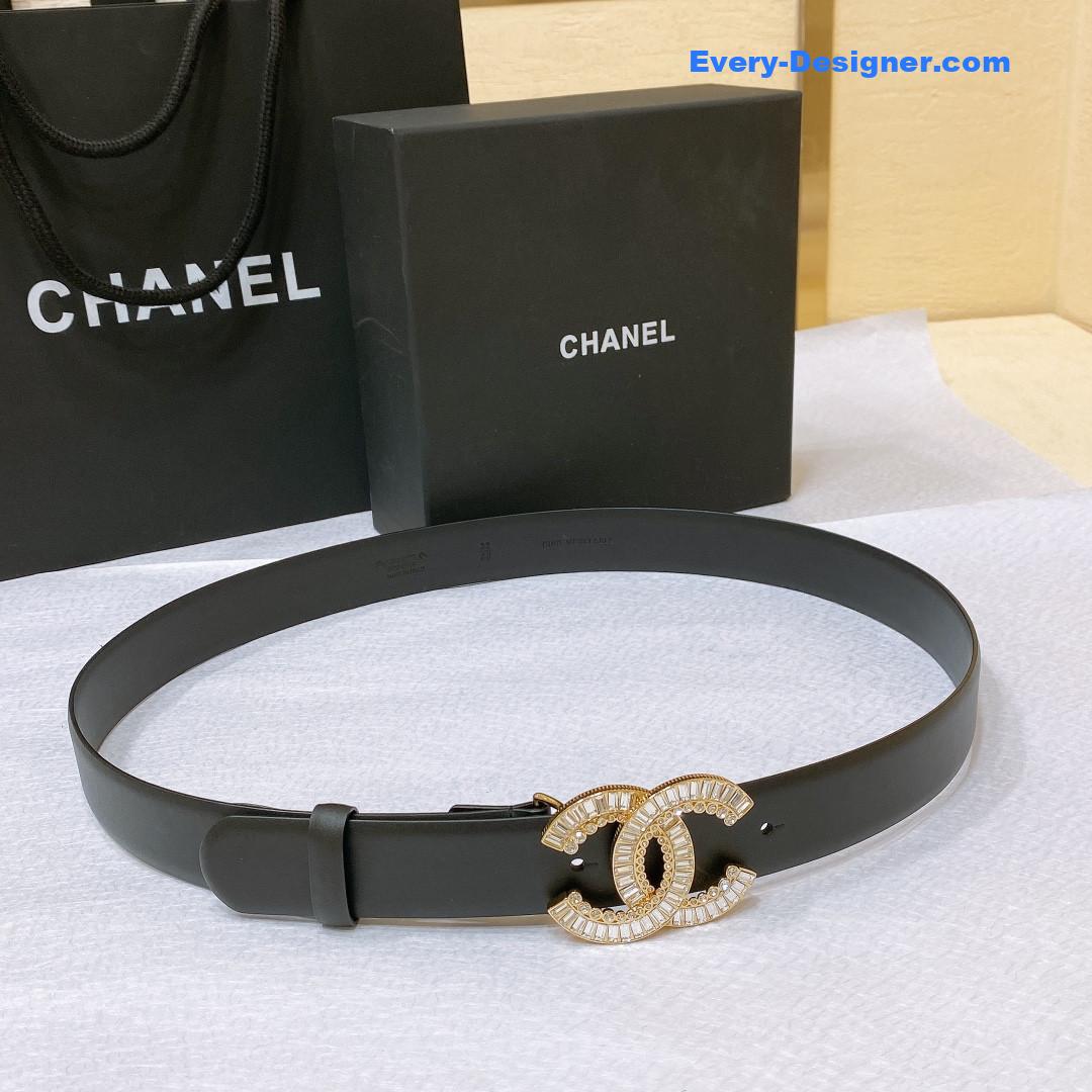 Ch**el rhinestone golden brass metal logo buckle calfskin belt