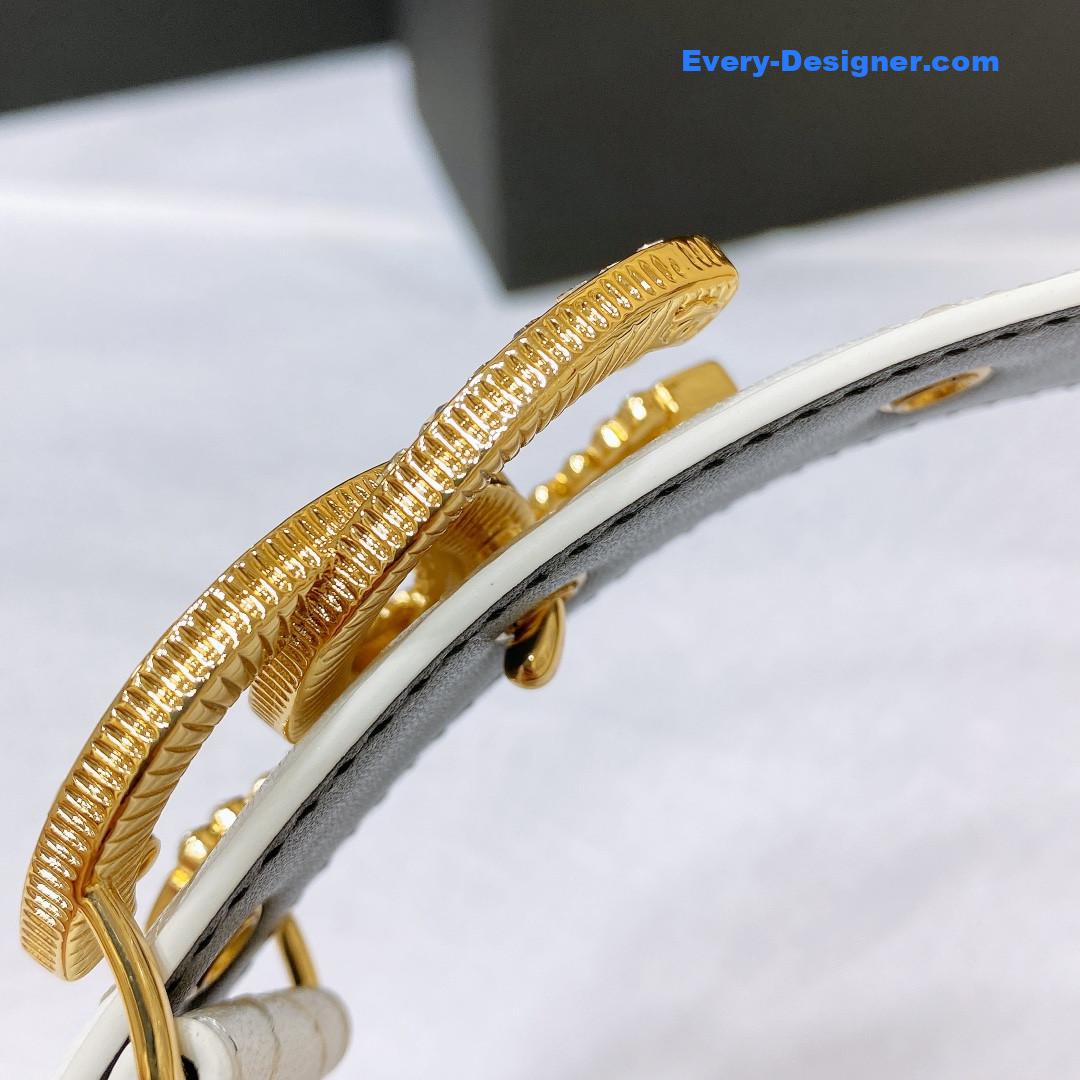 Ch**el rhinestone golden brass metal logo buckle calfskin belt