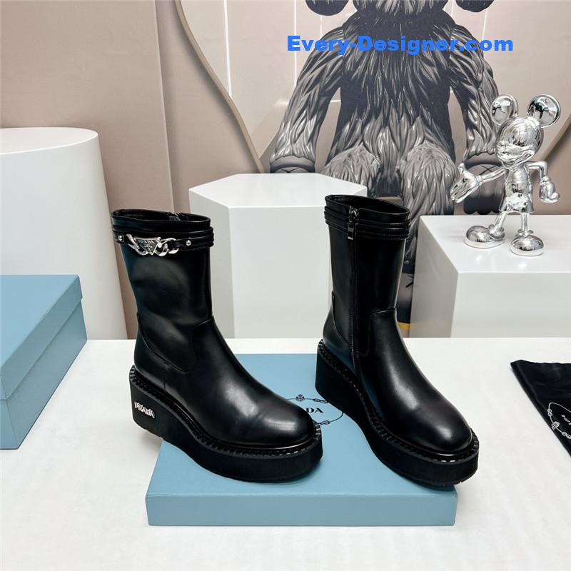Pra*a round toe chain buckle platform ankle boots