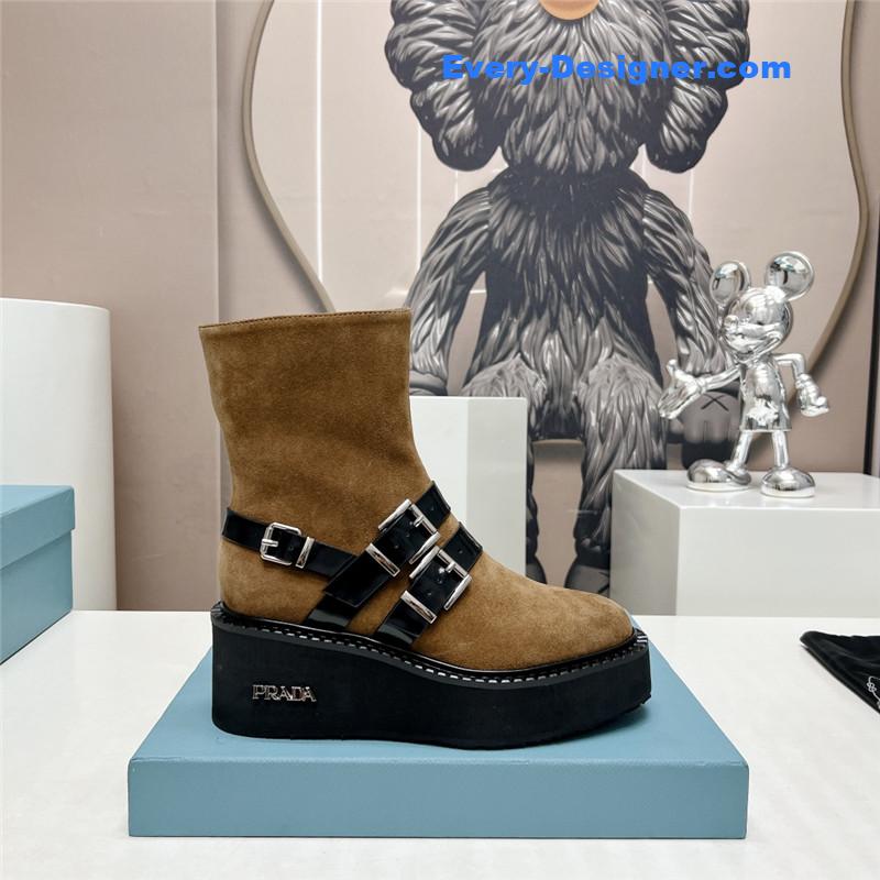 Pra*a round toe double buckle platform ankle boots