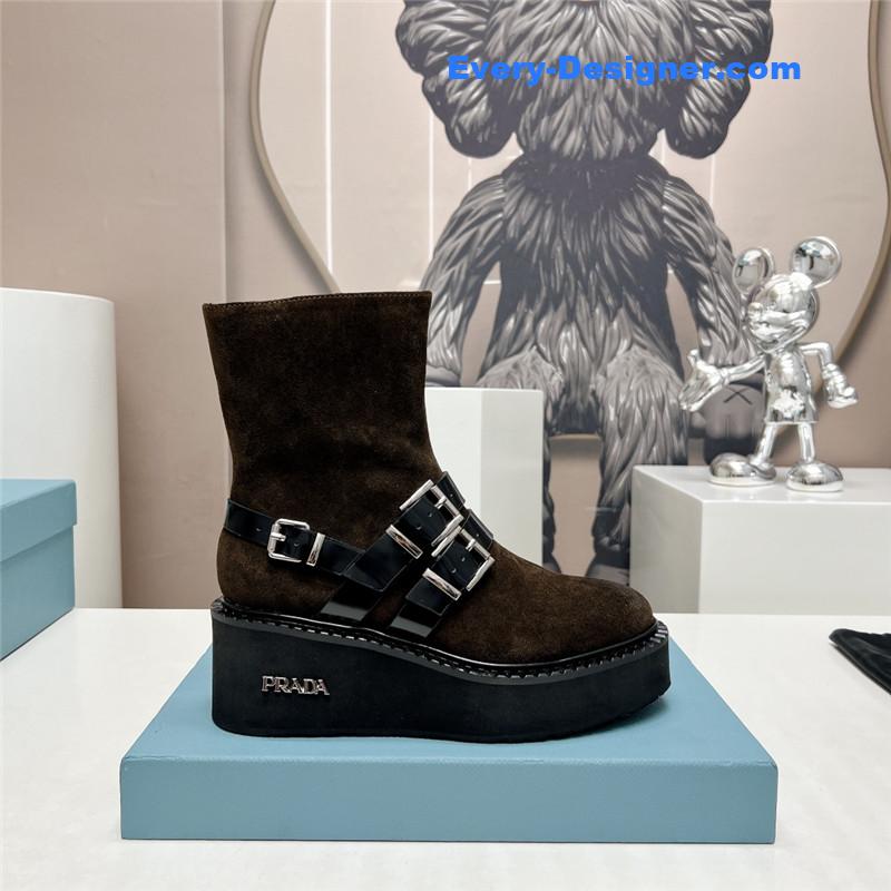 Pra*a round toe double buckle platform ankle boots