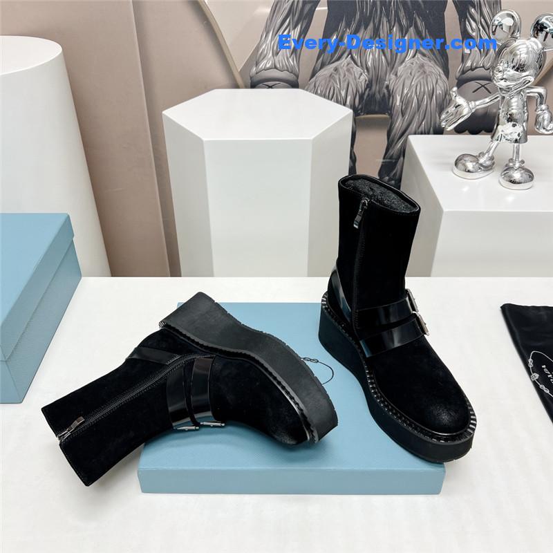 Pra*a round toe double buckle platform ankle boots