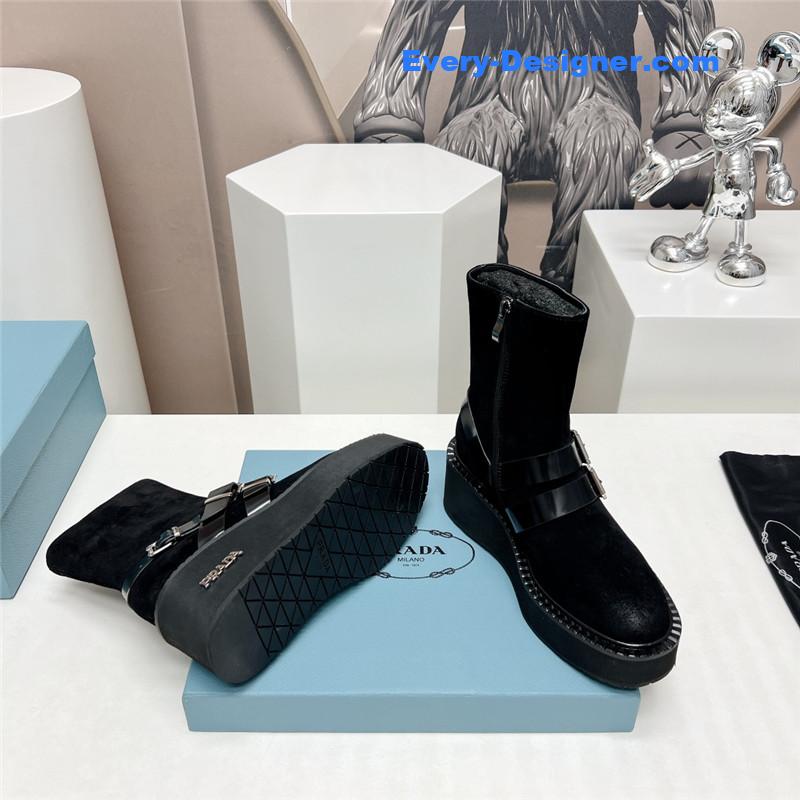 Pra*a round toe double buckle platform ankle boots